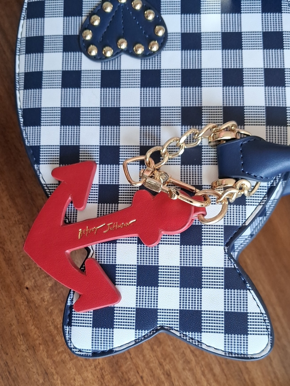 Betsey Johnson Navy & White Gingham Fish Satchel Crossbody Bag - Picture 4 of 7